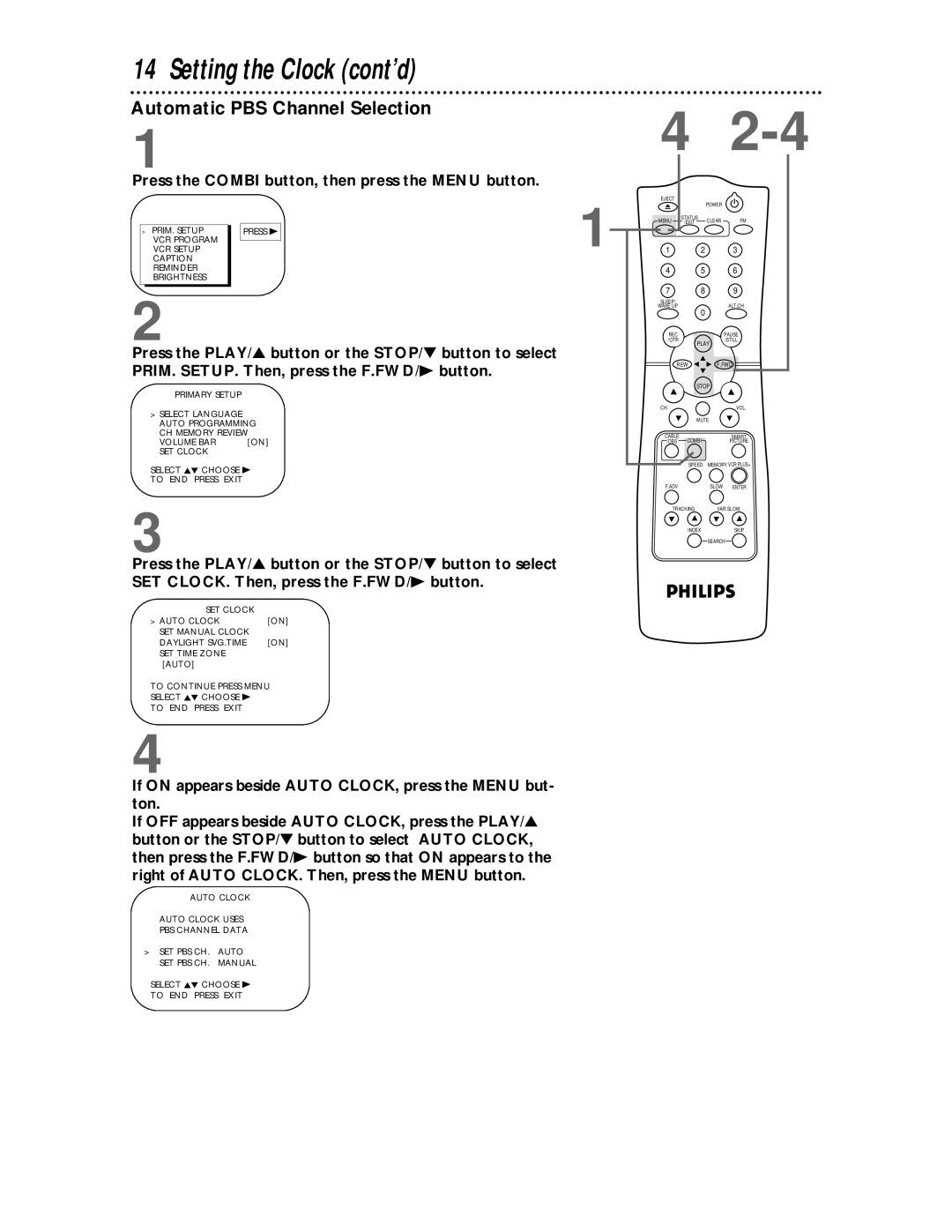 Philips CCC134, CCC194 owner manual Setting the Clock cont’d, Automatic PBS Channel Selection 