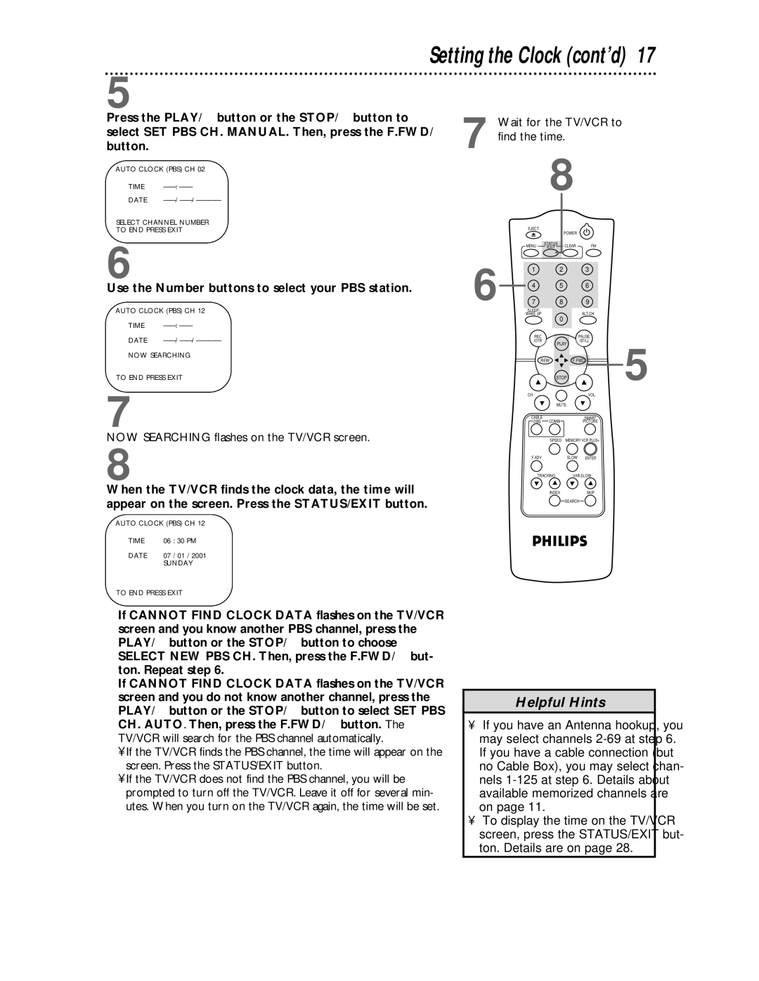 Philips CCC194, CCC134 owner manual Use the Number buttons to select your PBS station, Wait for the TV/VCR to find the time 