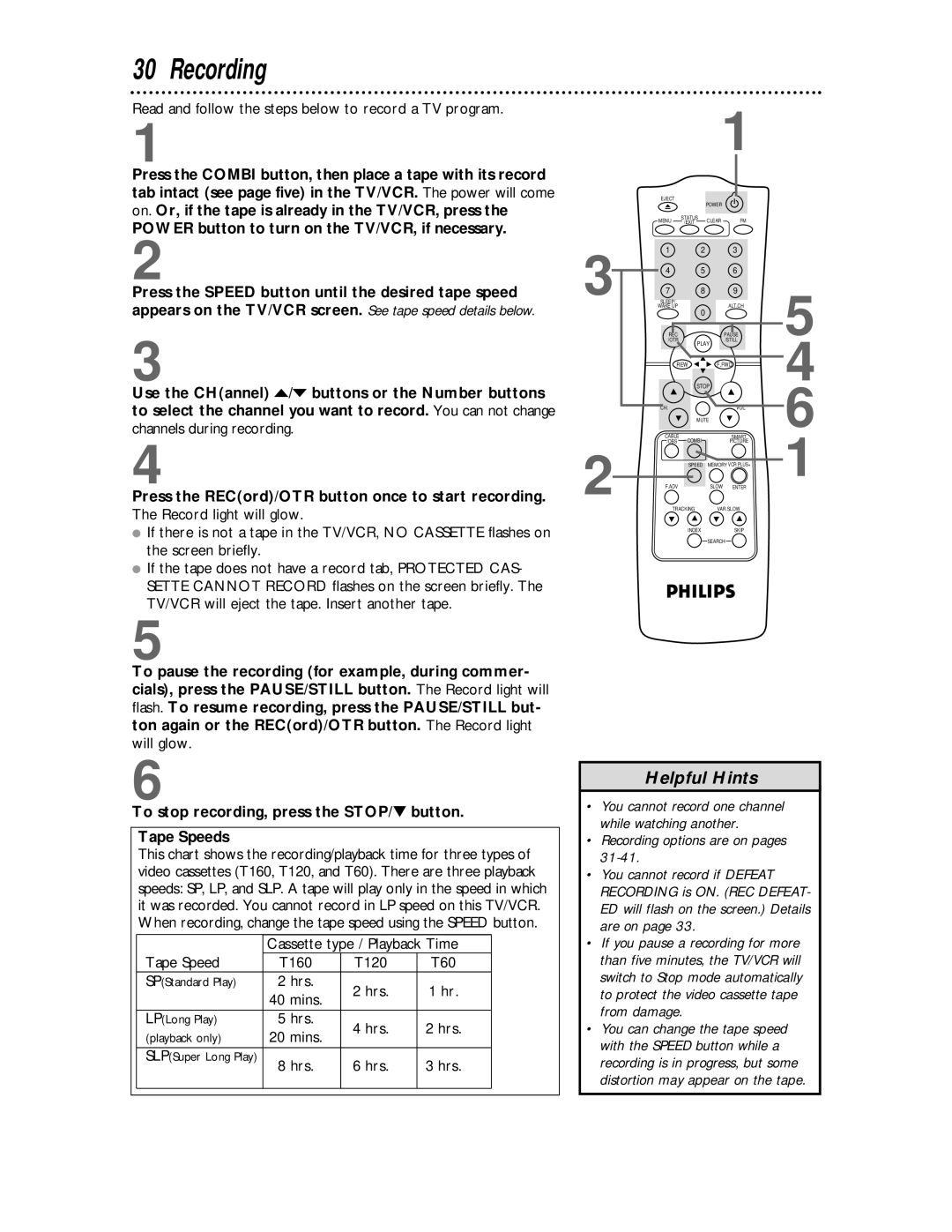 Philips CCC134, CCC194 owner manual Recording, Power button to turn on the TV/VCR, if necessary 