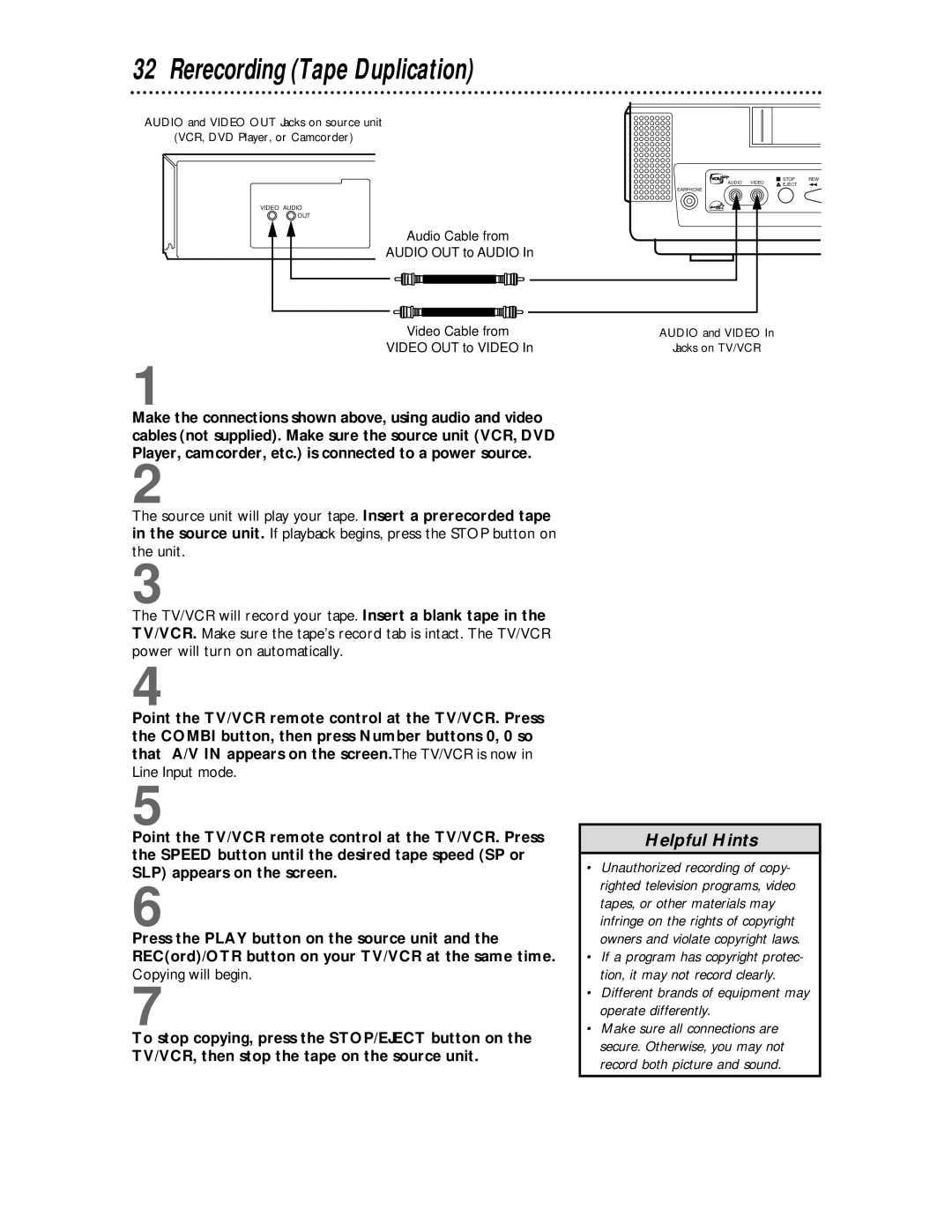 Philips CCC134, CCC194 owner manual Rerecording Tape Duplication, Different brands of equipment may operate differently 