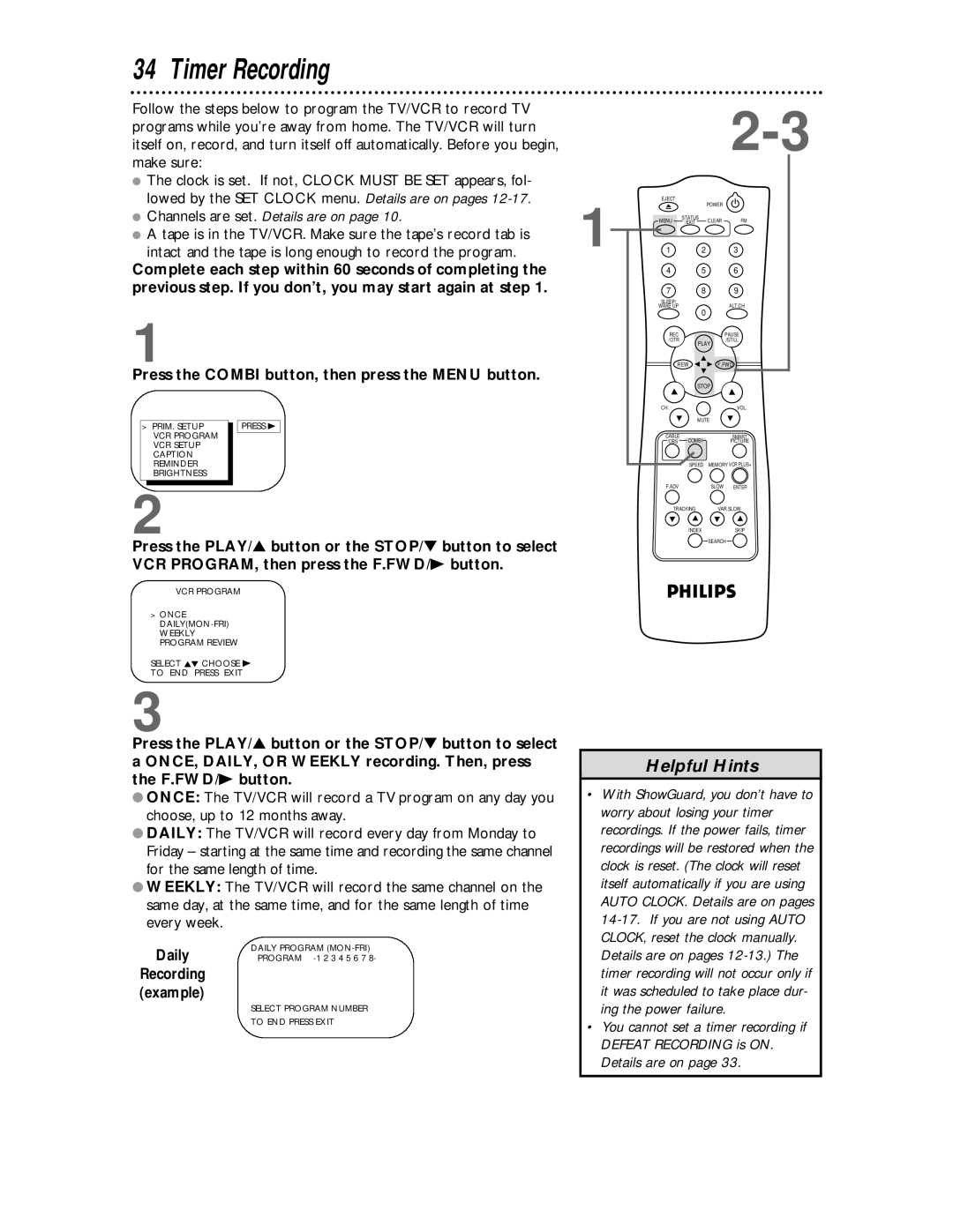 Philips CCC134, CCC194 owner manual Timer Recording, Daily 