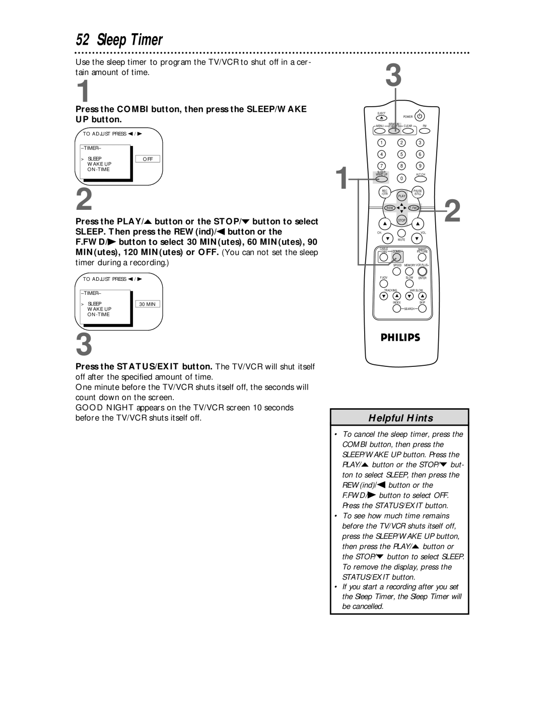 Philips CCC134, CCC194 owner manual Sleep Timer, Press the Combi button, then press the SLEEP/WAKE UP button 