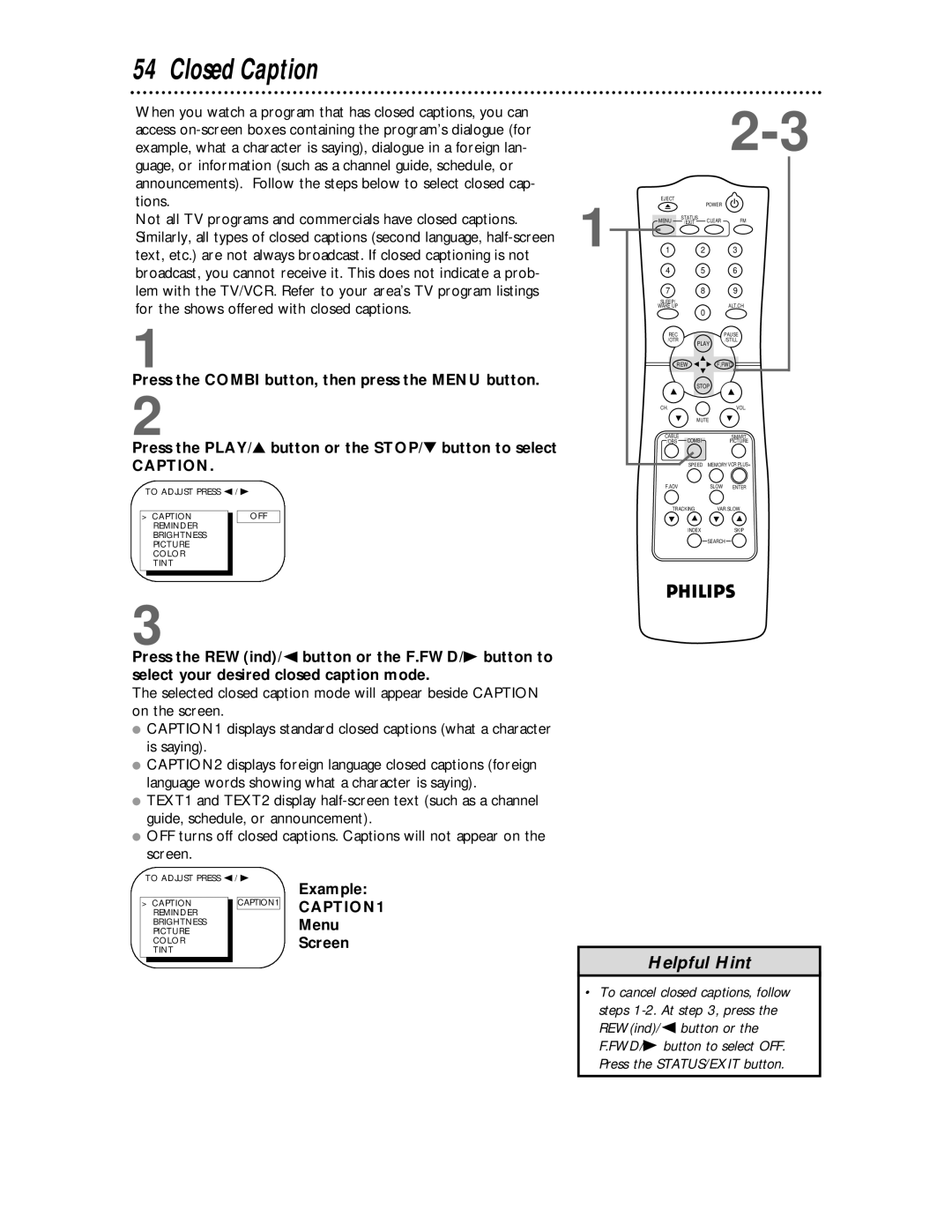 Philips CCC134, CCC194 owner manual Closed Caption, Example, Menu, Screen 