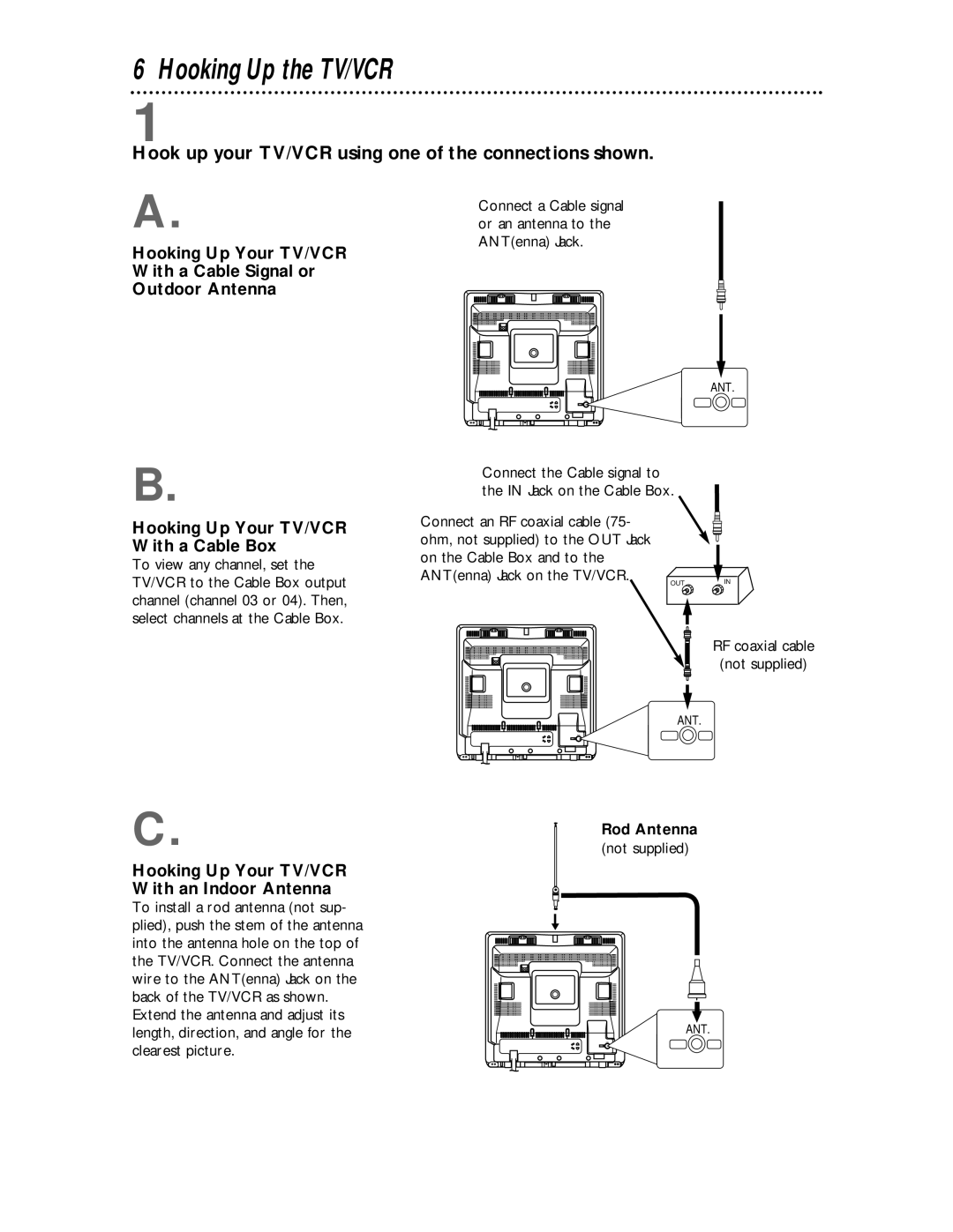 Philips CCC134, CCC194 Hooking Up the TV/VCR, Hook up your TV/VCR using one of the connections shown, Rod Antenna 