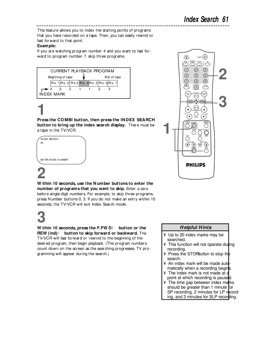 Philips CCC194, CCC134 owner manual Index Search, Tape in the TV/VCR 