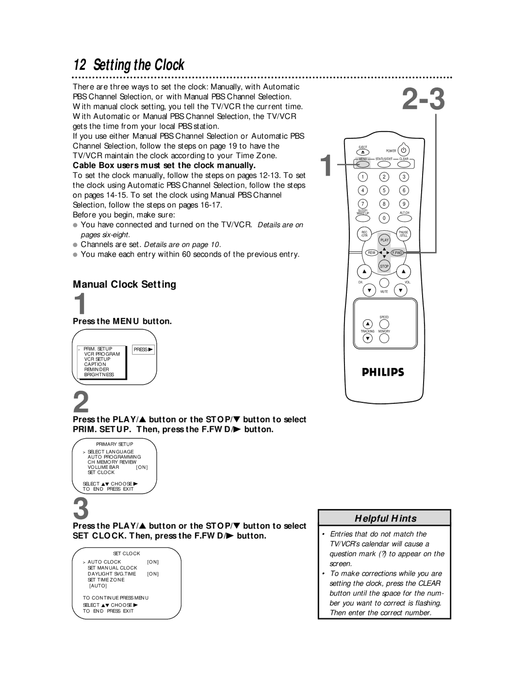 Philips CCC192AT, CCC 130AT, CCC 190AT Setting the Clock, Manual Clock Setting, Cable Box users must set the clock manually 