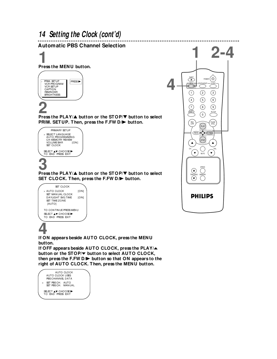 Philips CCC 190AT, CCC192AT, CCC 130AT Setting the Clock cont’d, Automatic PBS Channel Selection, PRIM. Setup Press B 