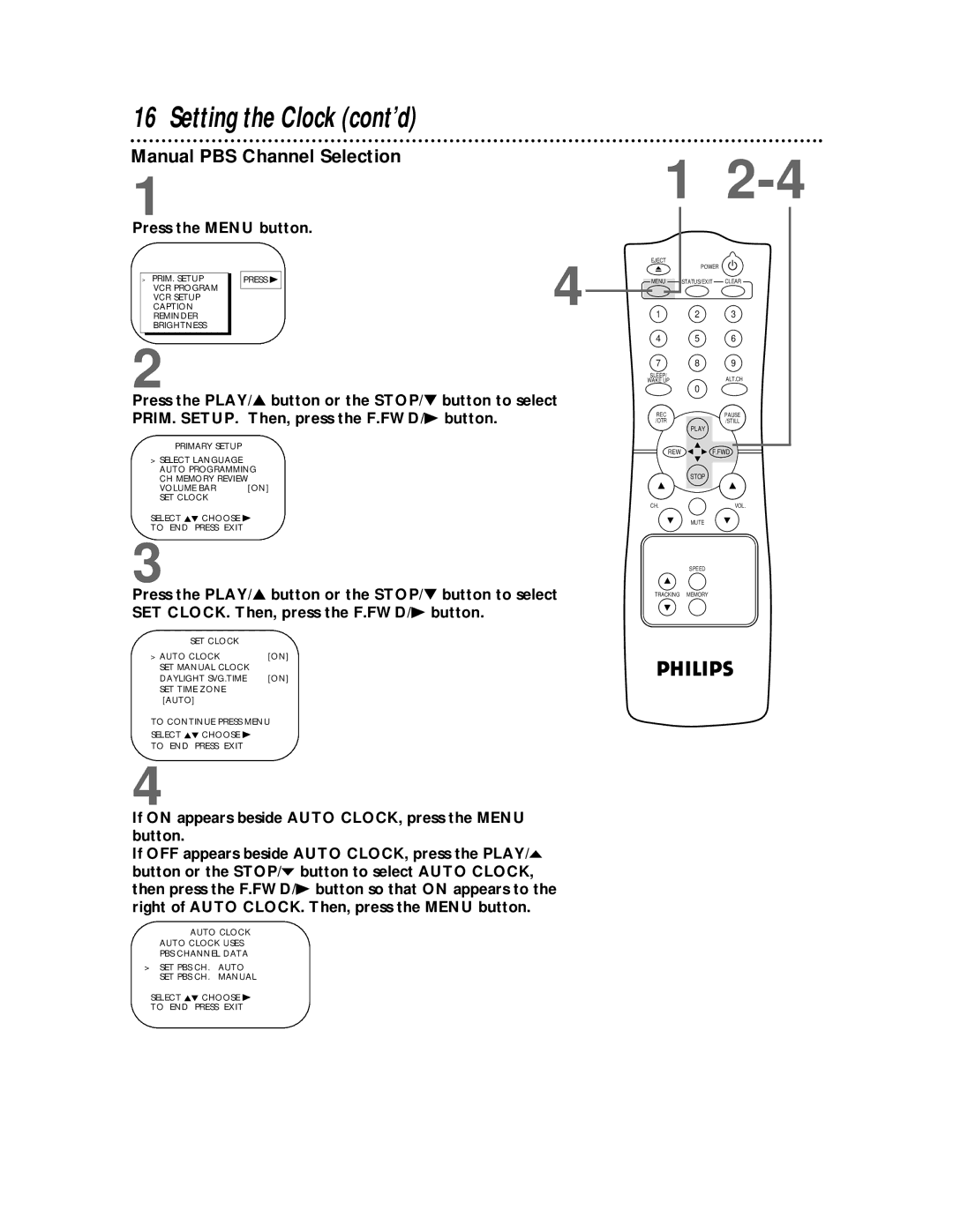 Philips CCC192AT, CCC 130AT, CCC 190AT, CCC 132AT owner manual Manual PBS Channel Selection 