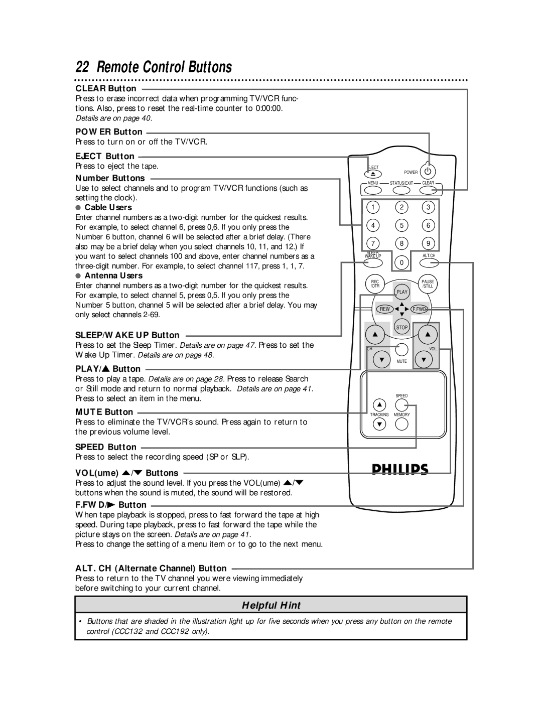 Philips CCC 190AT, CCC192AT, CCC 130AT, CCC 132AT owner manual Remote Control Buttons 