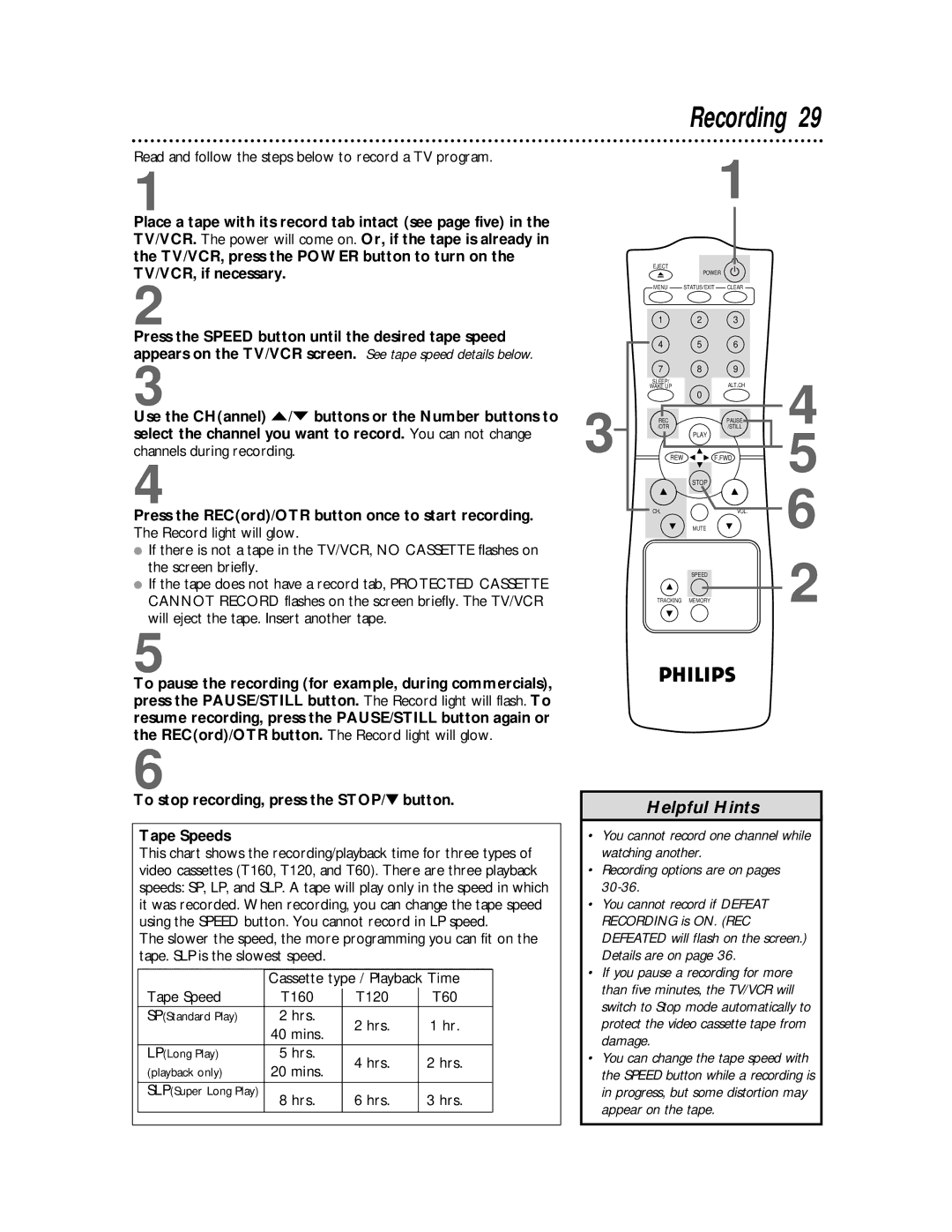 Philips CCC 130AT, CCC192AT, CCC 190AT, CCC 132AT Recording, Read and follow the steps below to record a TV program, Hrs 