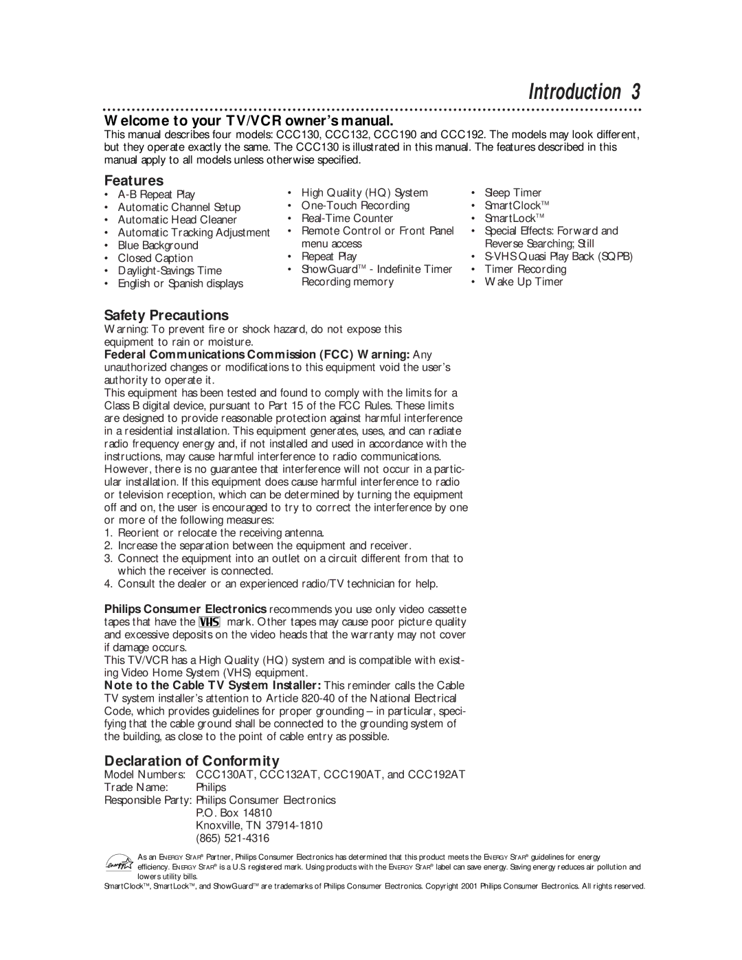 Philips CCC 132AT, CCC192AT, CCC 130AT Introduction, Features, Safety Precautions, Declaration of Conformity, Model Numbers 