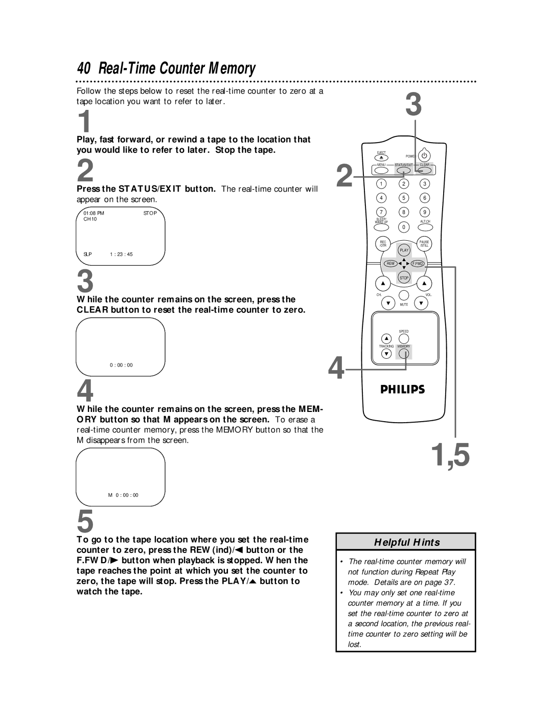 Philips CCC192AT, CCC 130AT, CCC 190AT, CCC 132AT owner manual Real-Time Counter Memory, Appear on the screen, Stop 