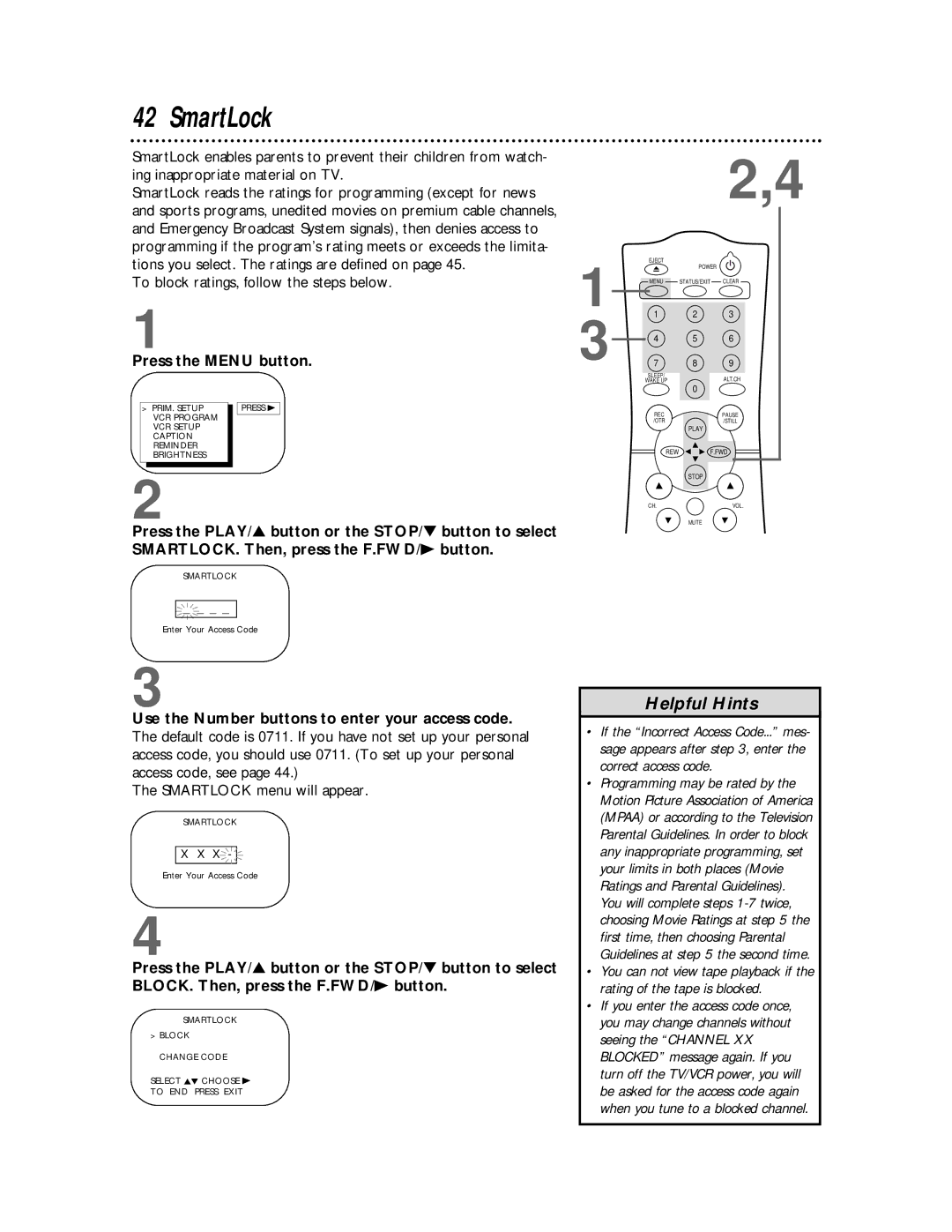 Philips CCC 190AT, CCC192AT, CCC 130AT SmartLock, To block ratings, follow the steps below, Smartlock menu will appear 