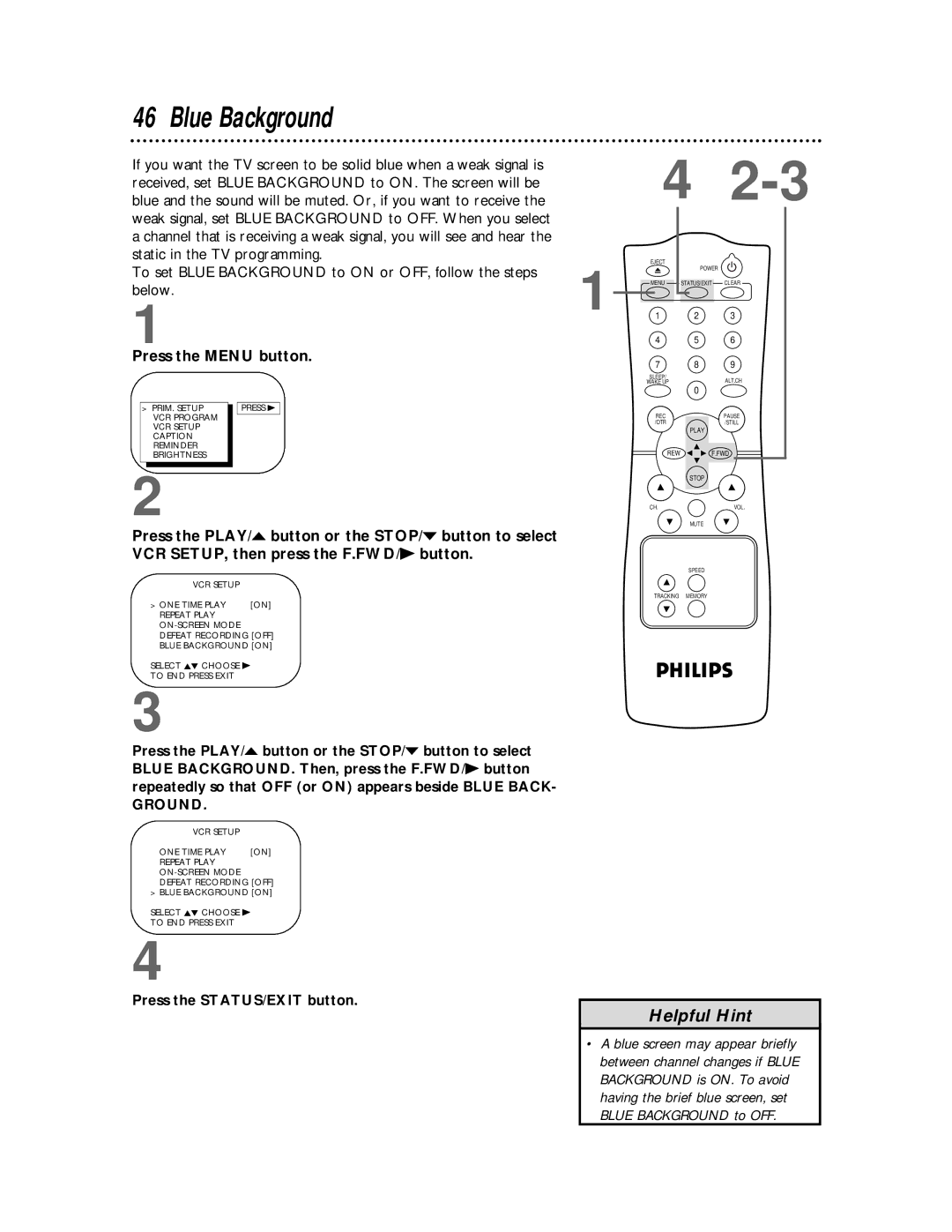 Philips CCC 190AT, CCC192AT, CCC 130AT, CCC 132AT owner manual Blue Background, VCR Program VCR Setup Caption Reminder 