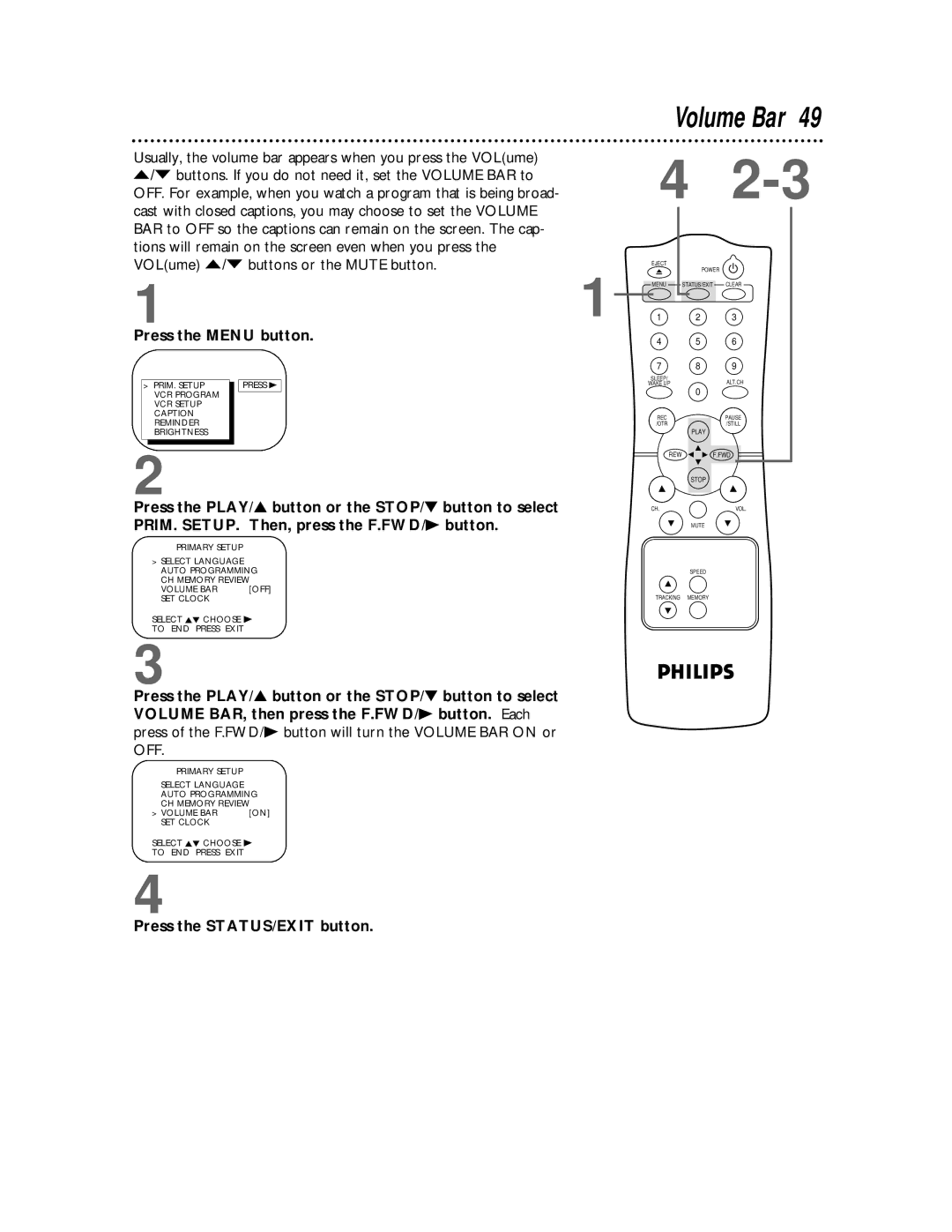 Philips CCC 130AT, CCC192AT, CCC 190AT, CCC 132AT owner manual Volume Bar, VCR Program VCR Setup Caption 