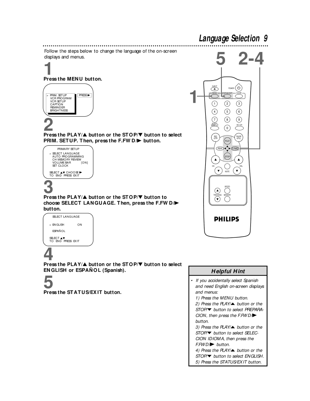 Philips CCC 130AT Language Selection, Press the Menu button, Select Language English Español Select KL To END Press Exit 