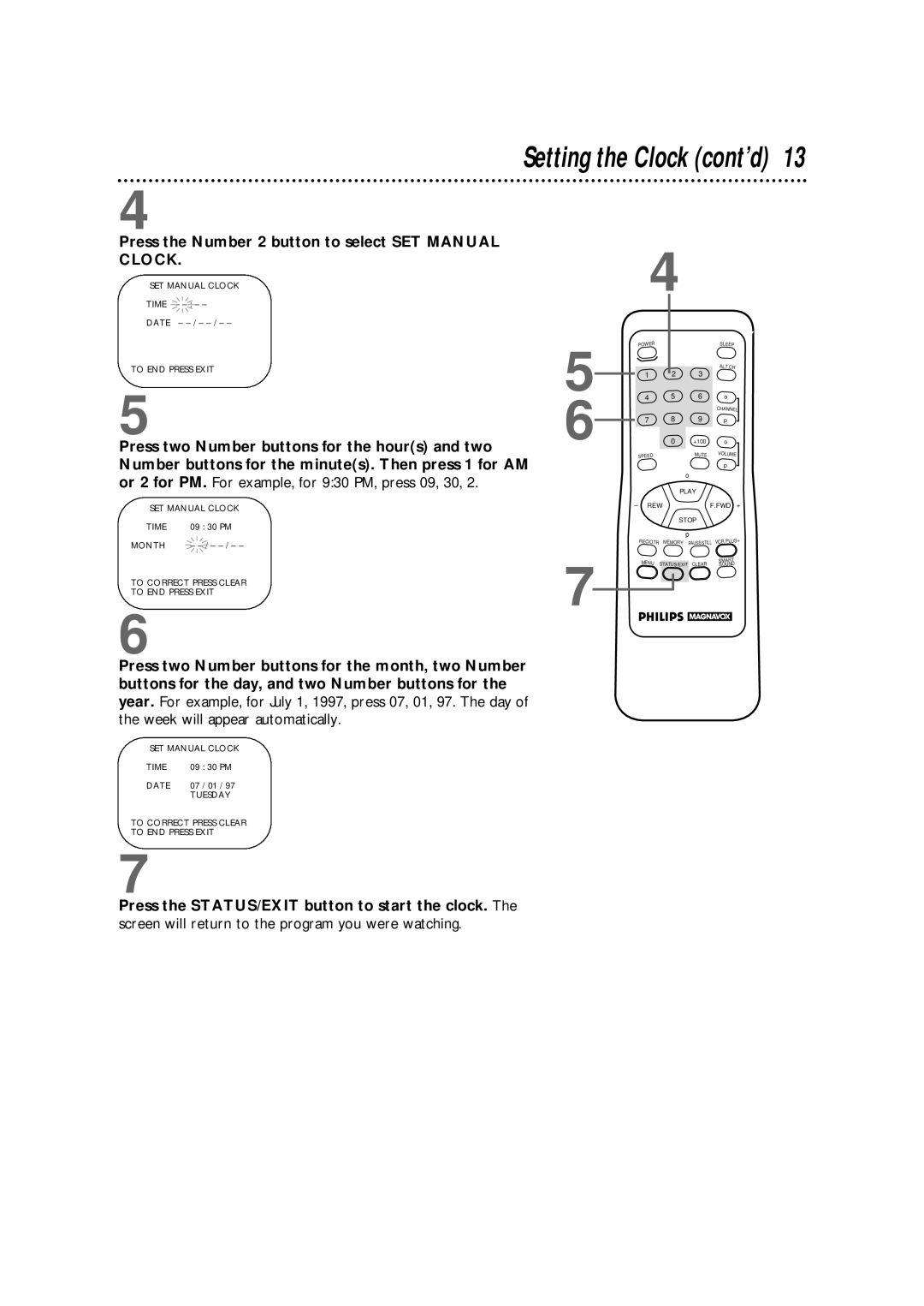 Philips CCX133AT warranty Setting the Clock cont’d, Press the Number 2 button to select SET Manual Clock 