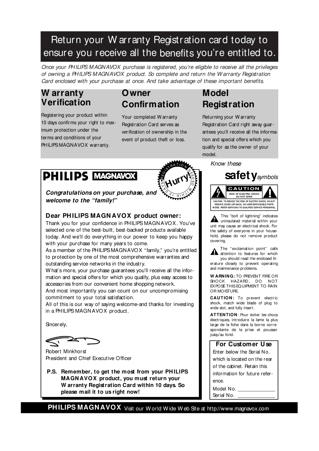 Philips CCX133AT warranty Dear Philips Magnavox product owner, For Customer Use 