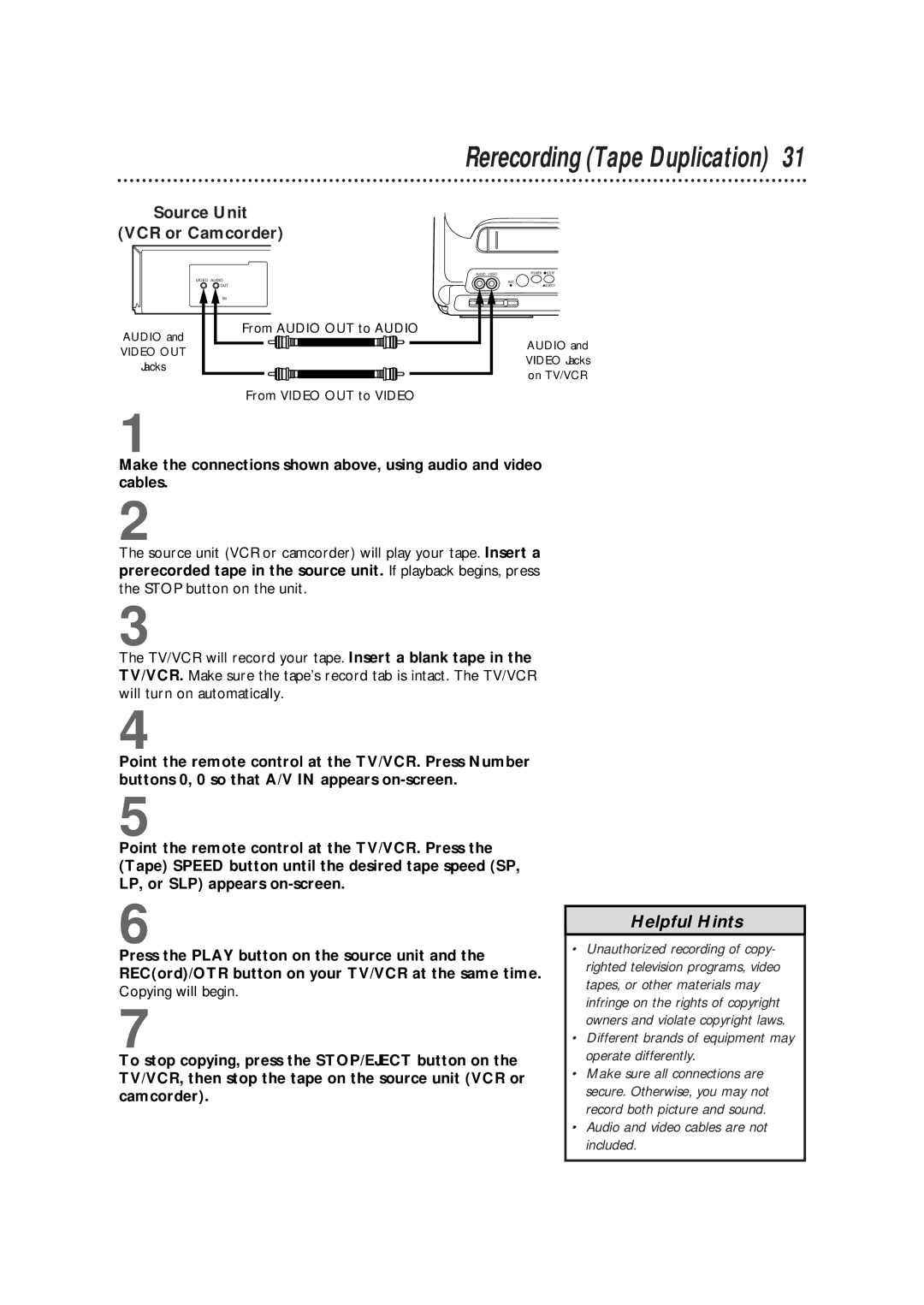 Philips CCX133AT warranty Rerecording Tape Duplication, Different brands of equipment may operate differently 