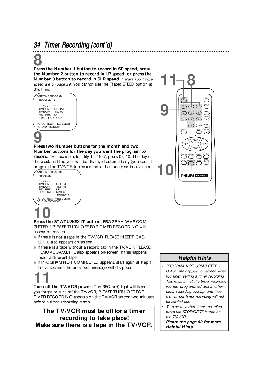 Philips CCX133AT warranty Timer Recording cont’d 