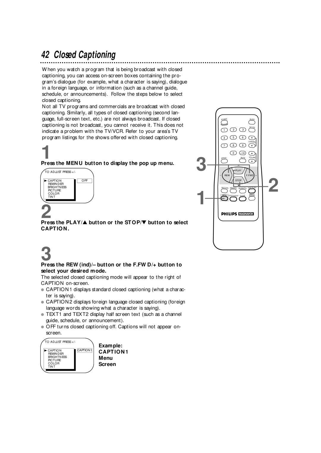 Philips CCX133AT warranty Closed Captioning, Example, Menu, Screen 