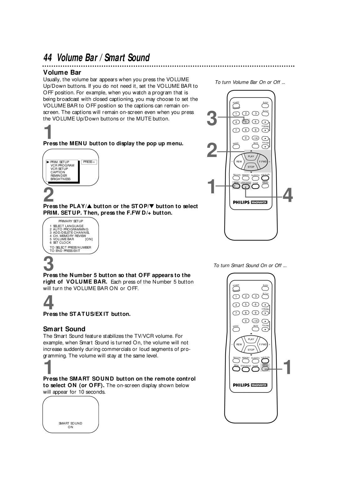 Philips CCX133AT warranty Volume Bar / Smart Sound, To turn Volume Bar On or Off, To turn Smart Sound On or Off 