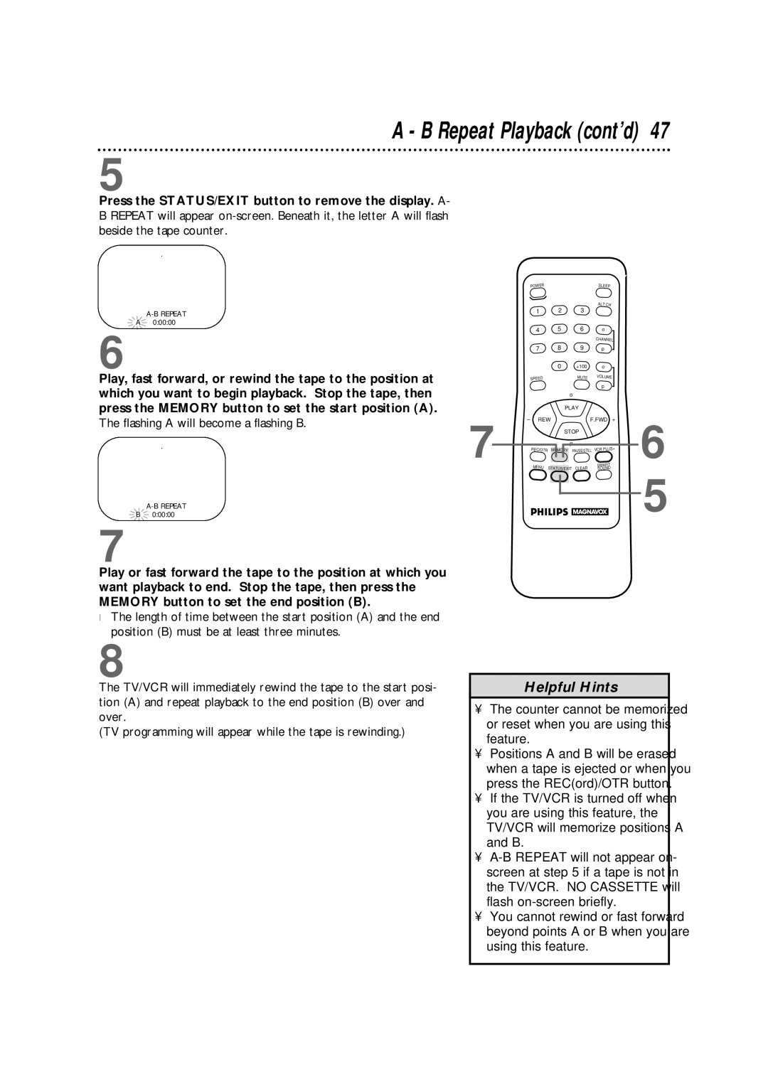 Philips CCX133AT warranty Repeat Playback cont’d 