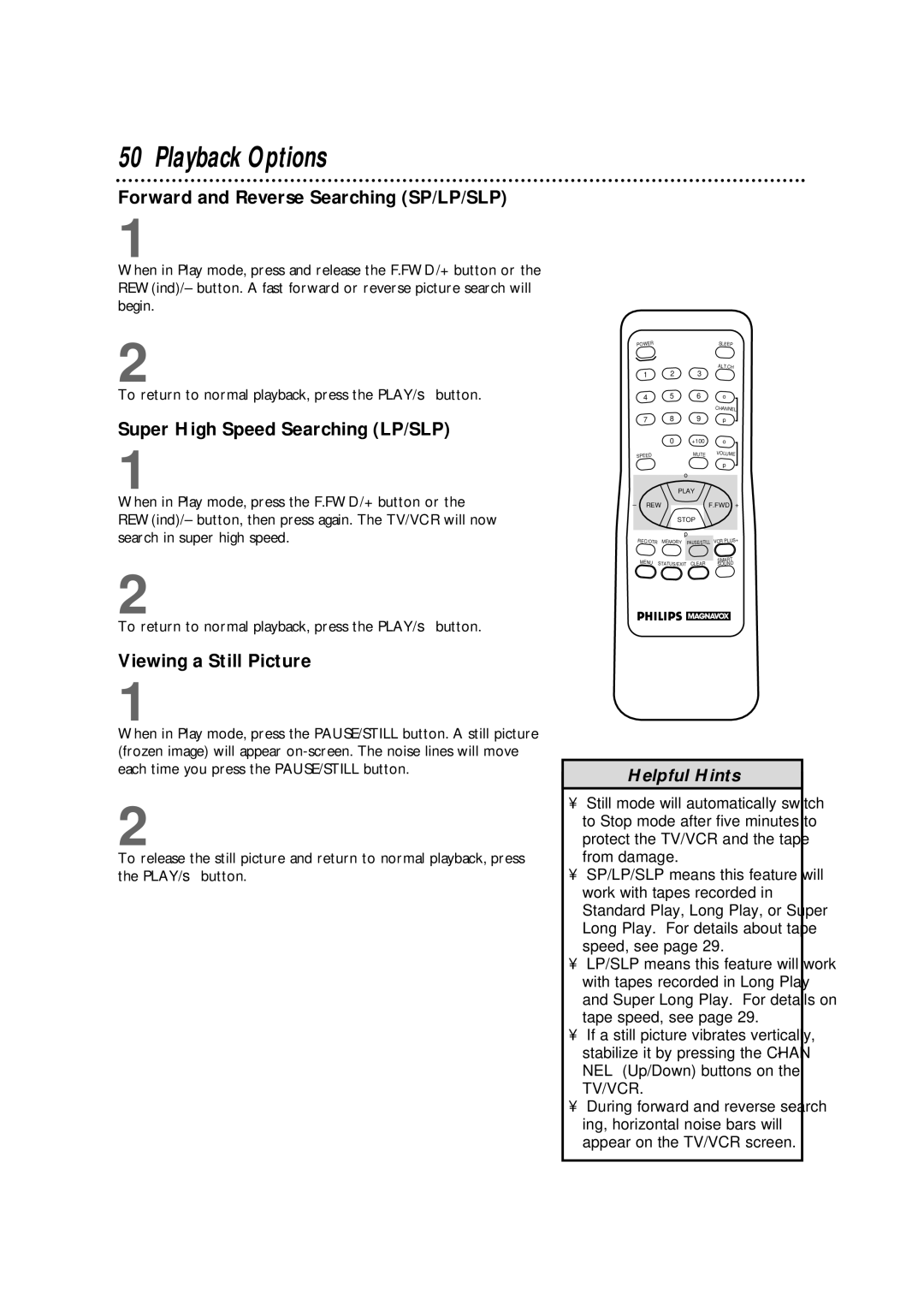 Philips CCX133AT warranty Playback Options, Forward and Reverse Searching SP/LP/SLP, Super High Speed Searching LP/SLP 