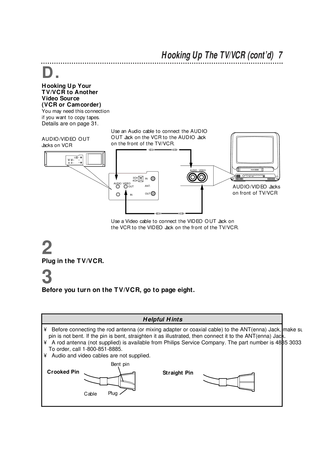 Philips CCX133AT warranty Hooking Up The TV/VCR cont’d, Bent pin, Crooked Pin Straight Pin, Cable Plug 