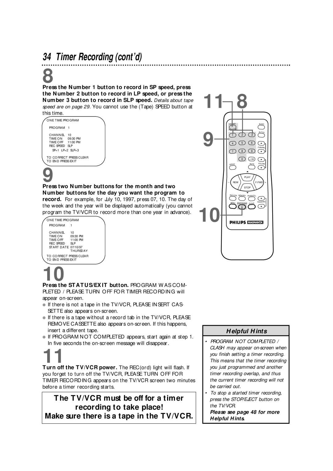 Philips CCX252AT warranty Timer Recording cont’d 