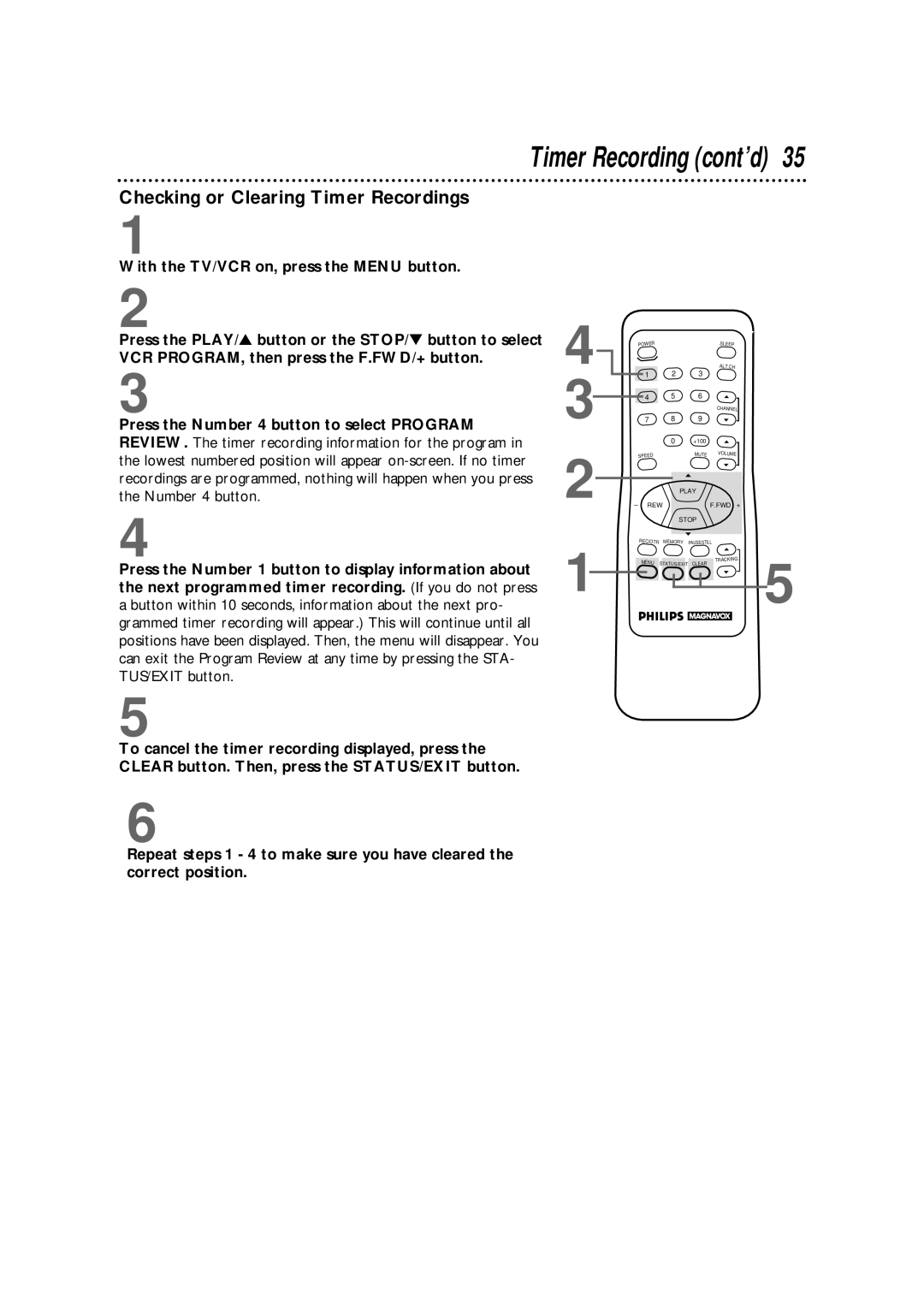 Philips CCX252AT warranty Checking or Clearing Timer Recordings 