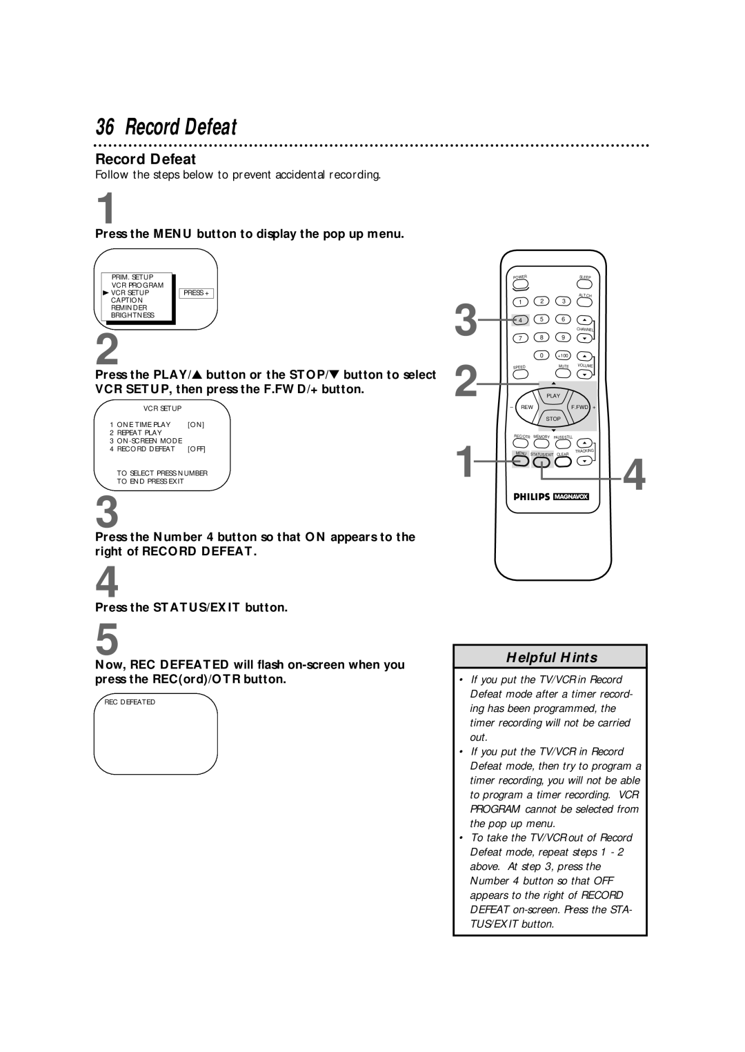 Philips CCX252AT warranty Record Defeat, Follow the steps below to prevent accidental recording 