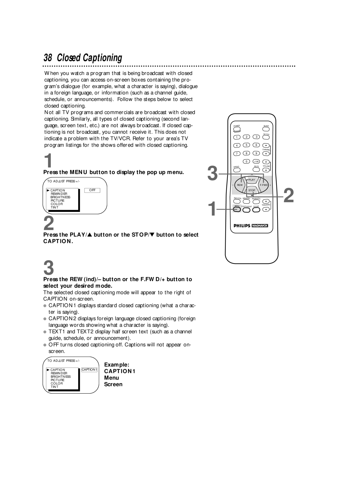 Philips CCX252AT warranty Closed Captioning, Example, Menu, Screen 