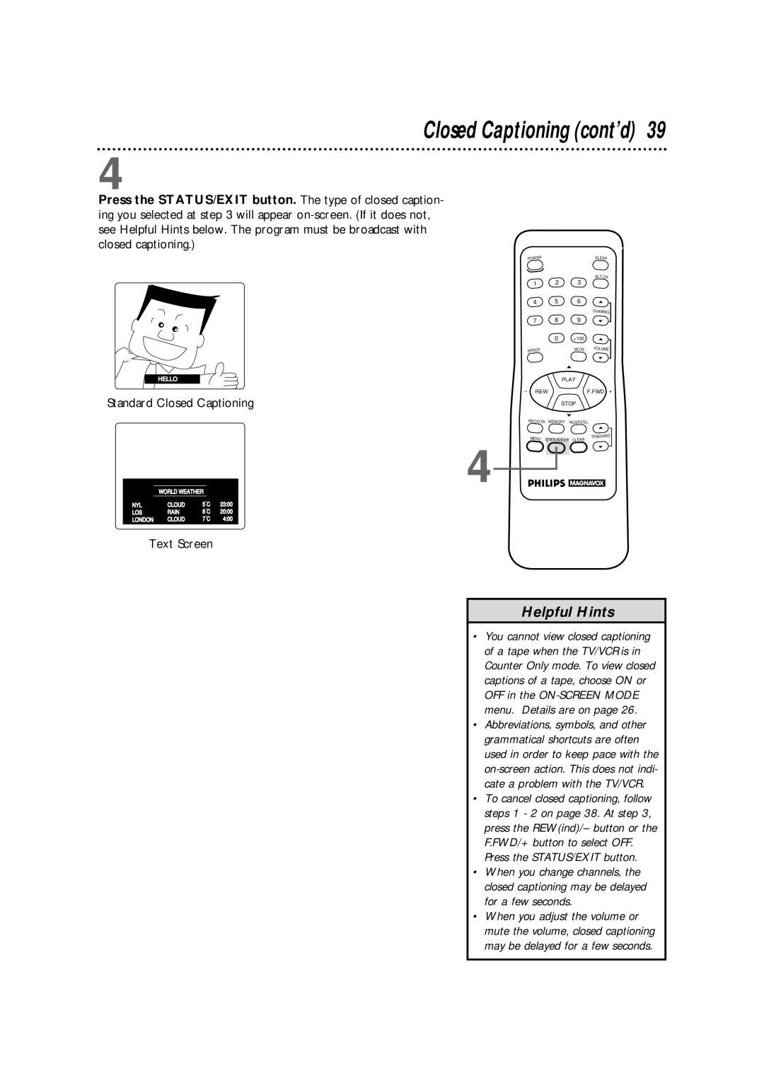 Philips CCX252AT warranty Closed Captioning cont’d, Standard Closed Captioning, Text Screen 