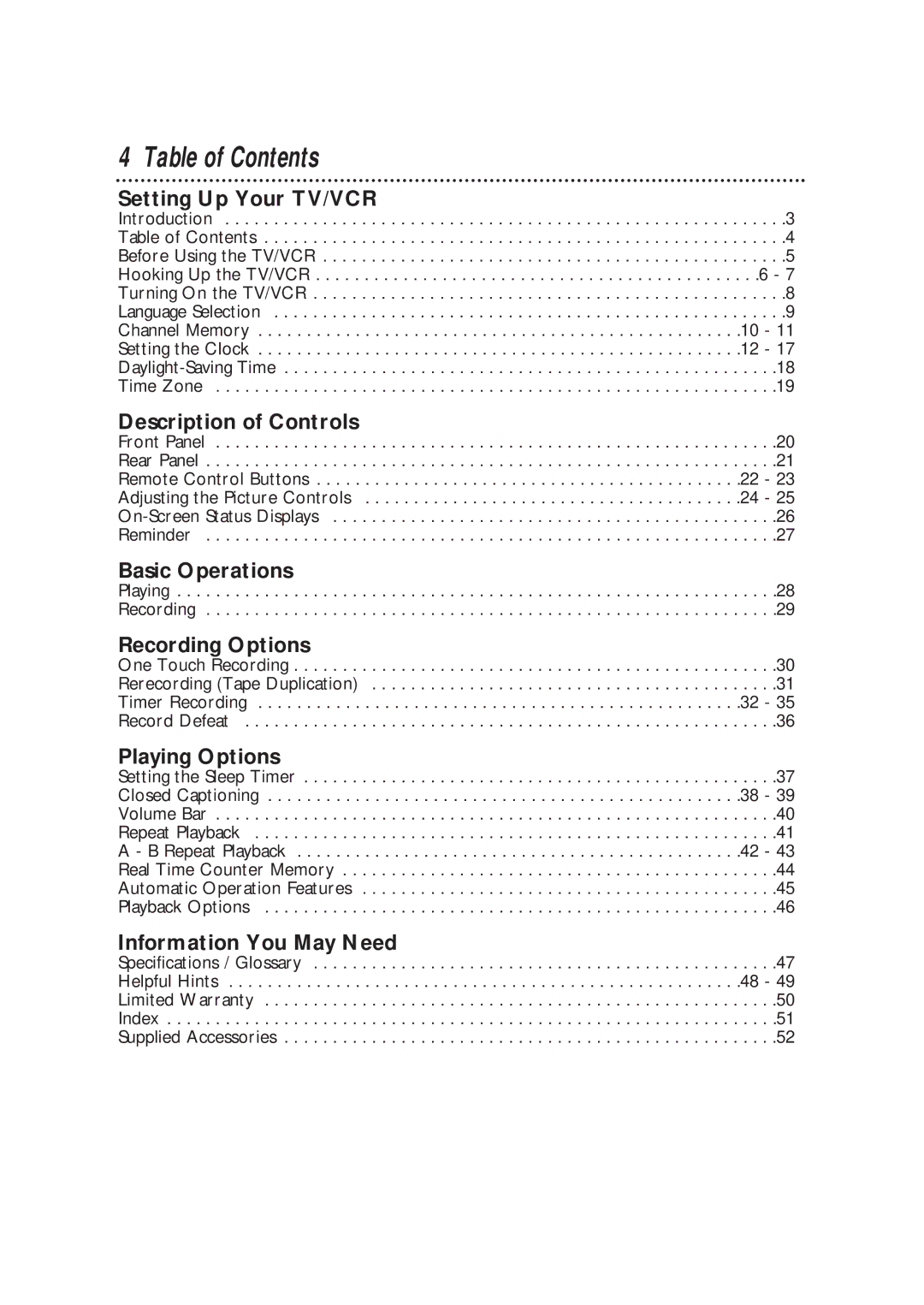 Philips CCX252AT warranty Table of Contents 