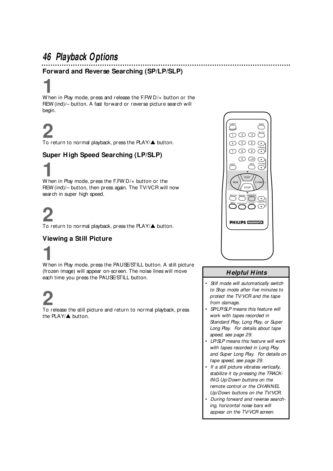 Philips CCX252AT warranty Playback Options, Forward and Reverse Searching SP/LP/SLP, Super High Speed Searching LP/SLP 