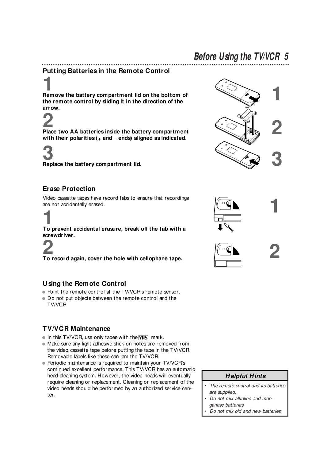 Philips CCX252AT Putting Batteries in the Remote Control, Erase Protection, Using the Remote Control, TV/VCR Maintenance 