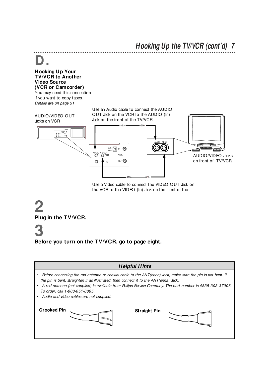 Philips CCX252AT warranty Hooking Up the TV/VCR cont’d, Jacks on VCR, Crooked Pin Straight Pin 