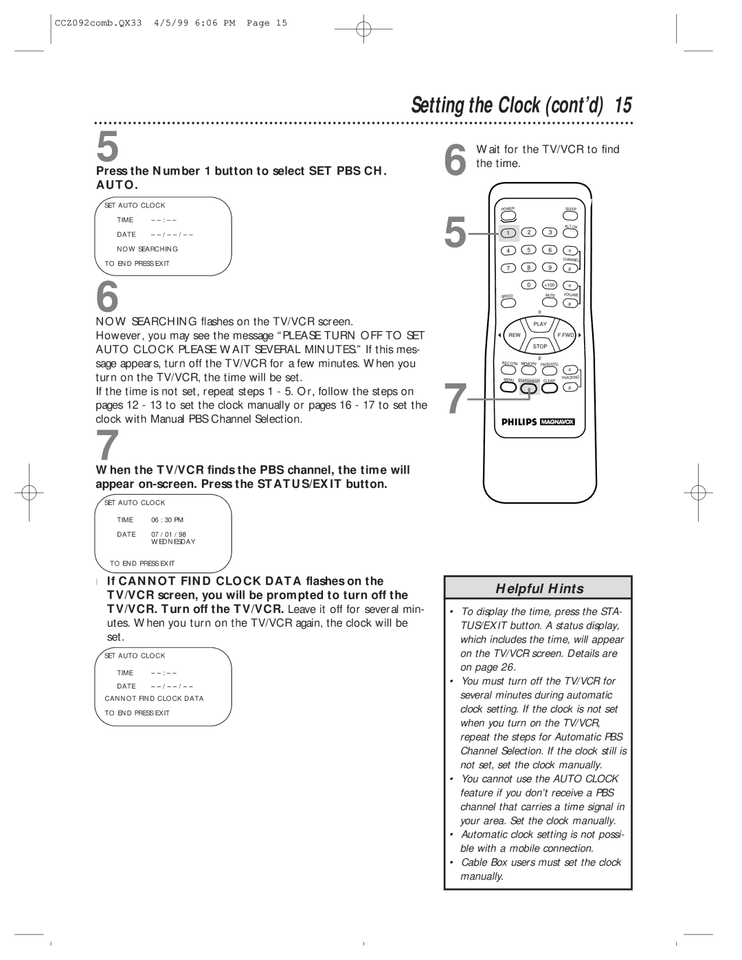 Philips CCZ092AT Press the Number 1 button to select SET PBS CH, Auto, Cable Box users must set the clock manually 