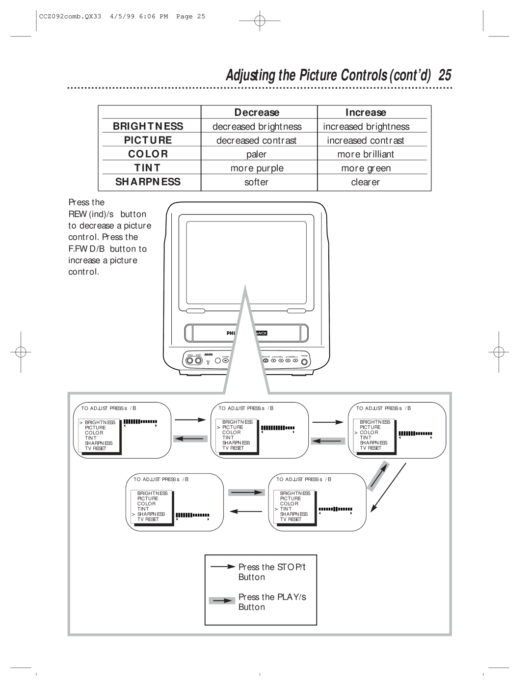 Philips CCZ092AT owner manual Adjusting the Picture Controls cont’d, Decrease Increase, More brilliant, Softer 