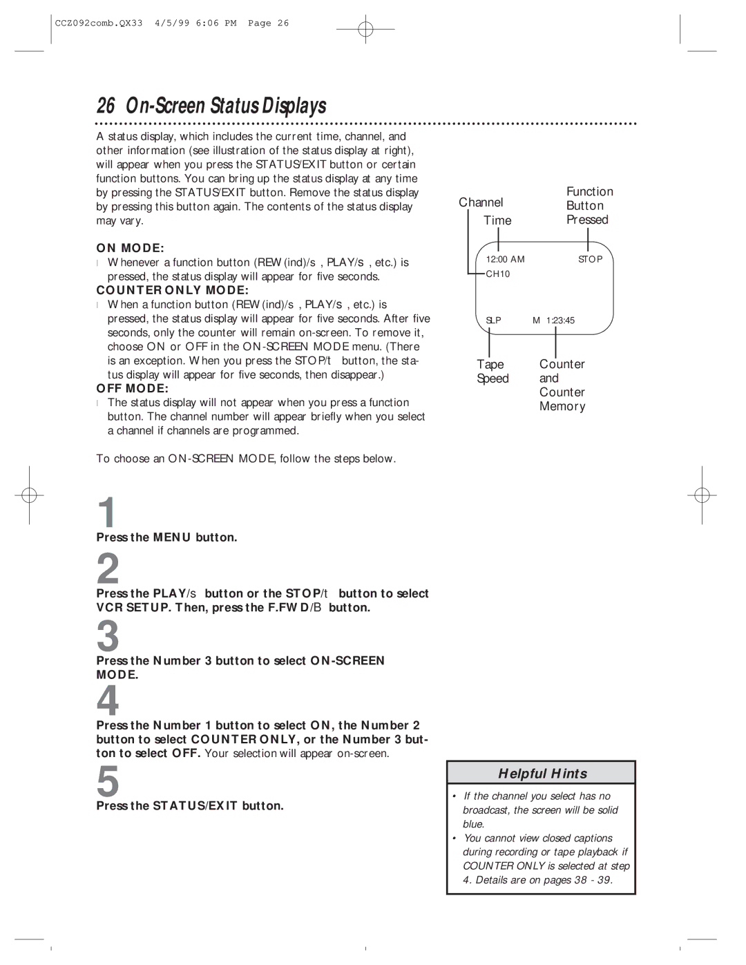 Philips CCZ092AT owner manual On-Screen Status Displays, On Mode, Counter only Mode, OFF Mode 