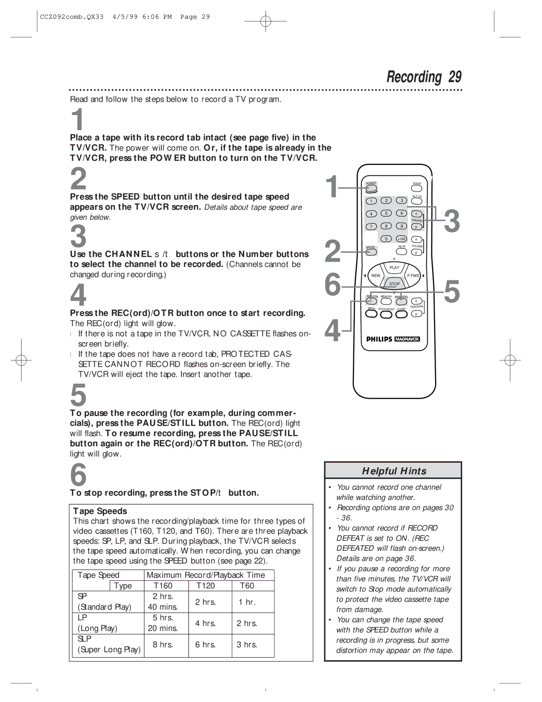 Philips CCZ092AT owner manual To stop recording, press the STOP/ button Tape Speeds 