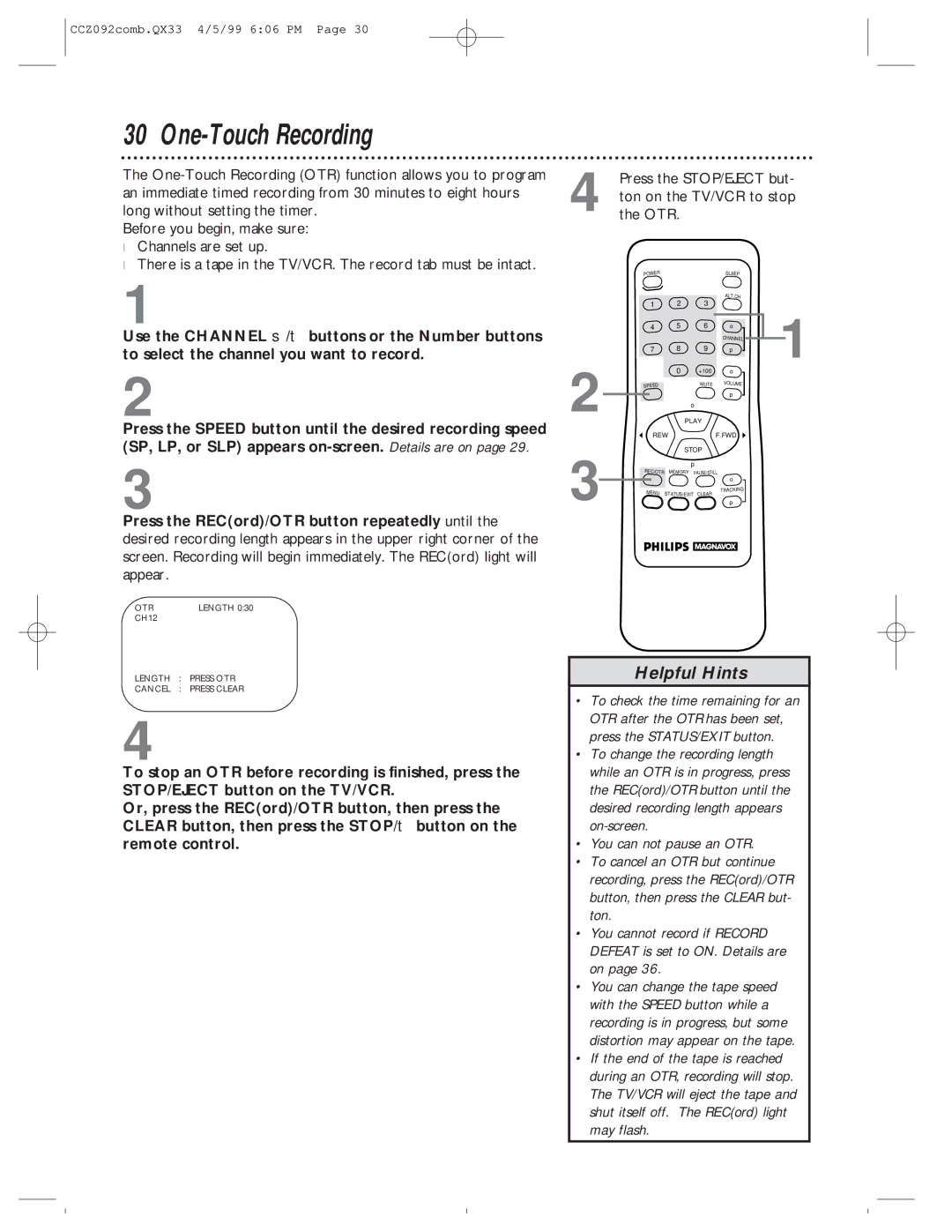 Philips CCZ092AT owner manual One-Touch Recording, Otr 