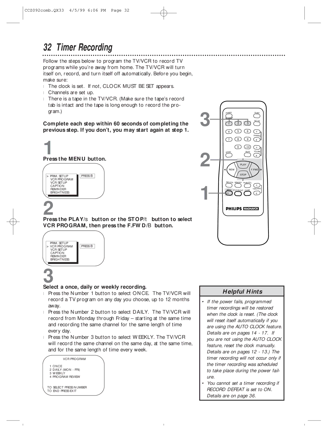 Philips CCZ092AT owner manual Timer Recording, Select a once, daily or weekly recording 