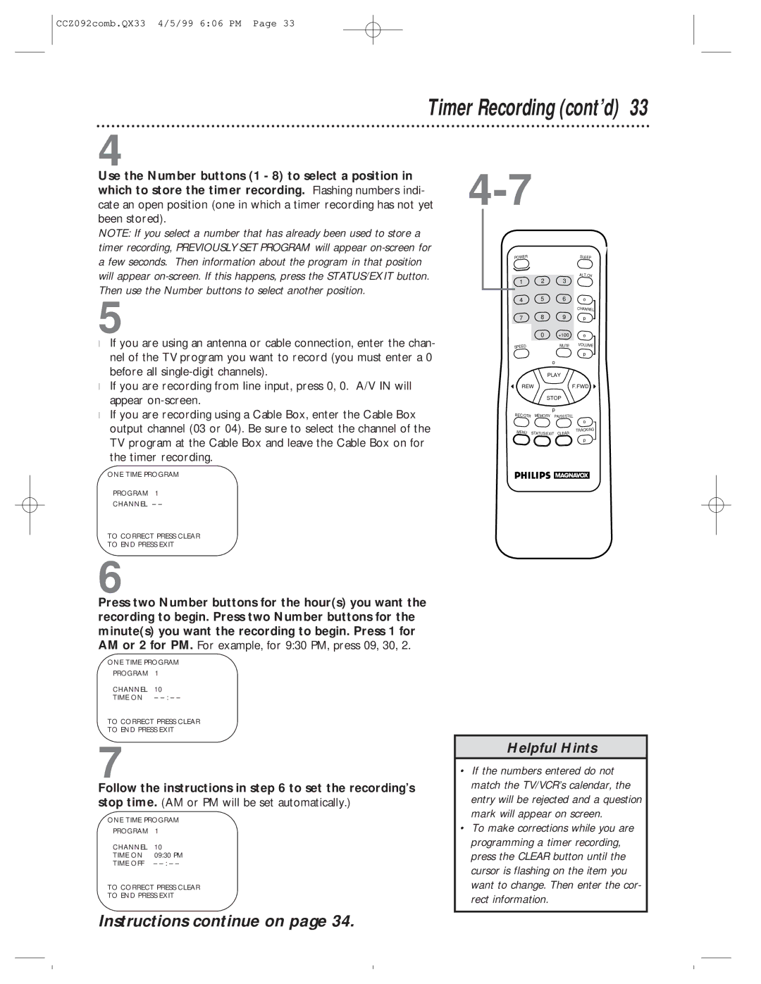 Philips CCZ092AT owner manual Timer Recording cont’d, Time OFF To Correct Press Clear To END Press Exit 