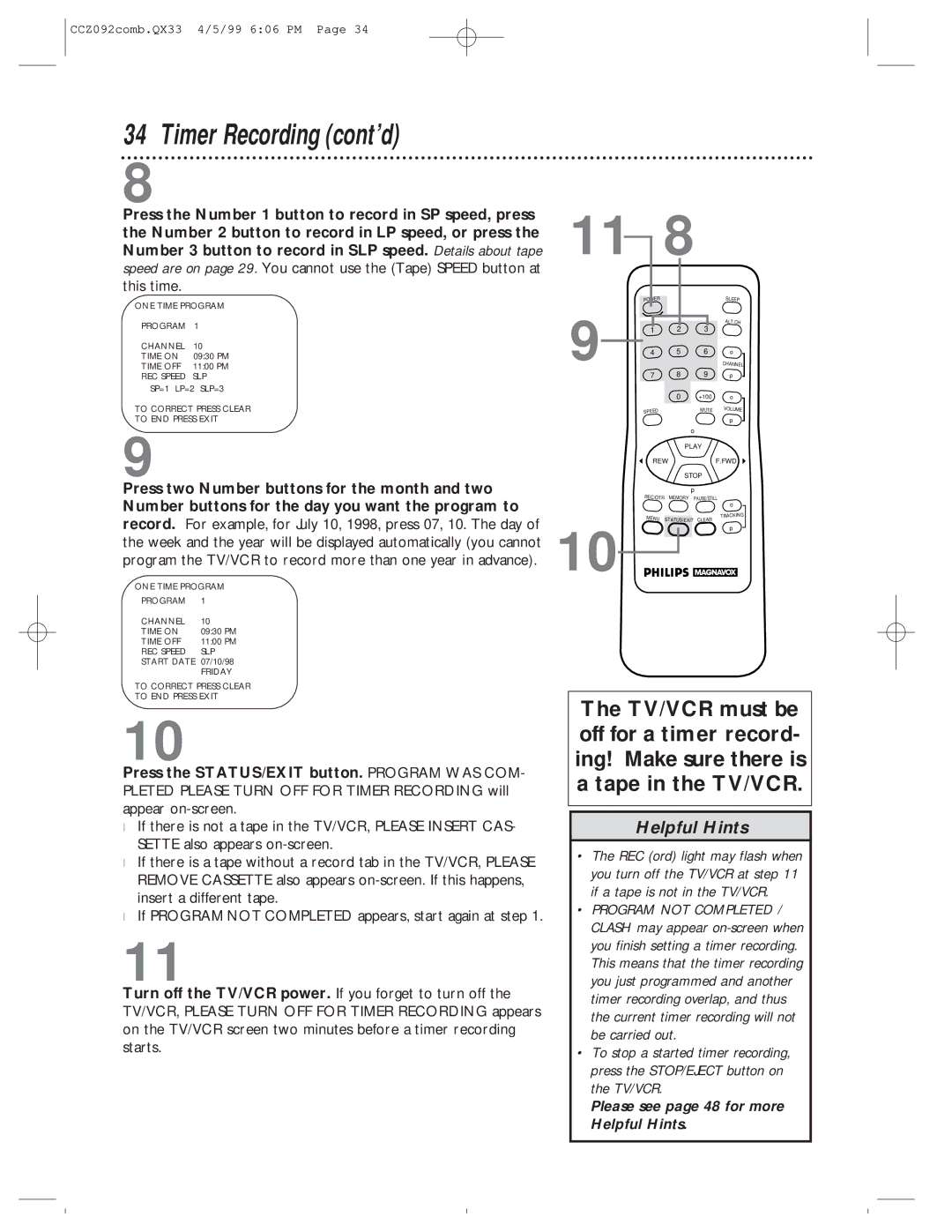 Philips CCZ092AT owner manual Please see page 48 for more Helpful Hints 