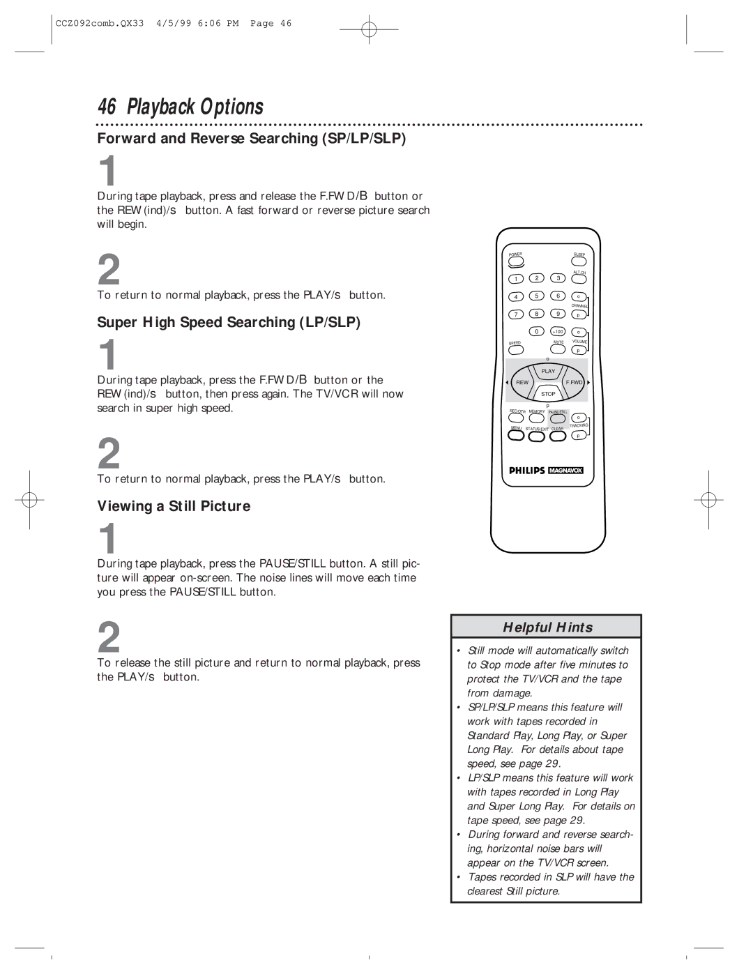 Philips CCZ092AT owner manual Playback Options, Forward and Reverse Searching SP/LP/SLP, Super High Speed Searching LP/SLP 