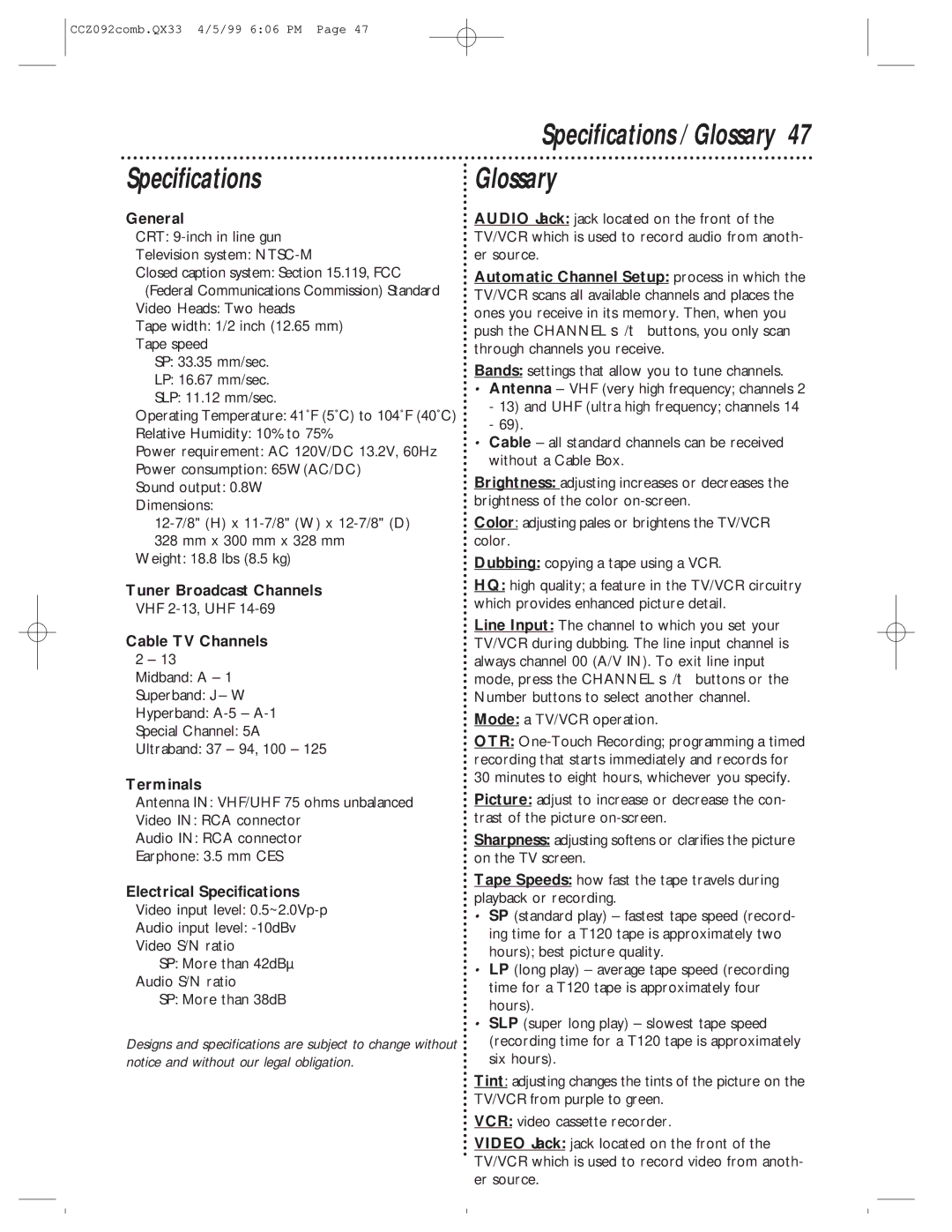 Philips CCZ092AT owner manual Specifications, Glossary 