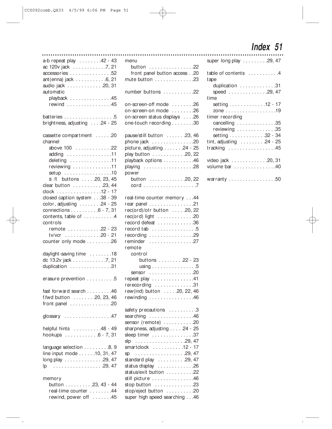 Philips CCZ092AT owner manual Index 