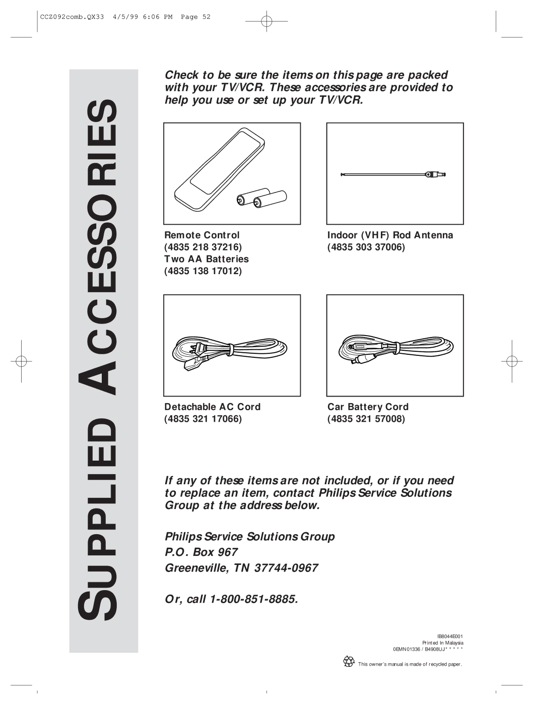 Philips CCZ092AT owner manual Supplied 